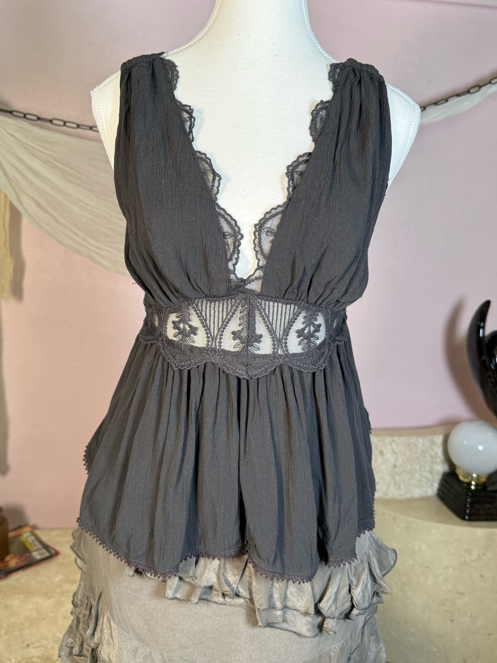Free People Black Lace Plunge Babydoll Tank Top Size S